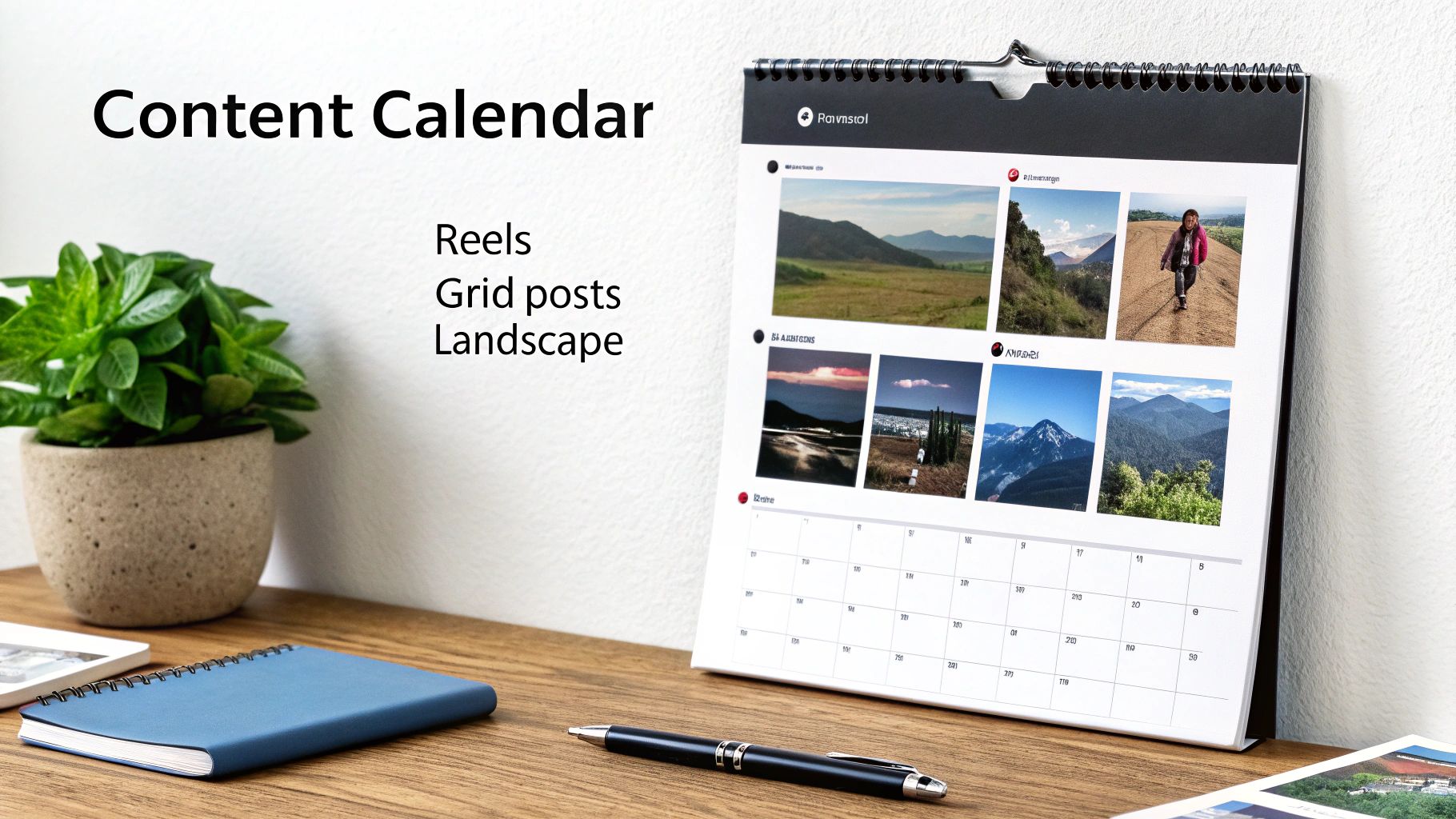 A desk with a Content Calendar, notebook, pen, and plant, illustrating social media content planning.