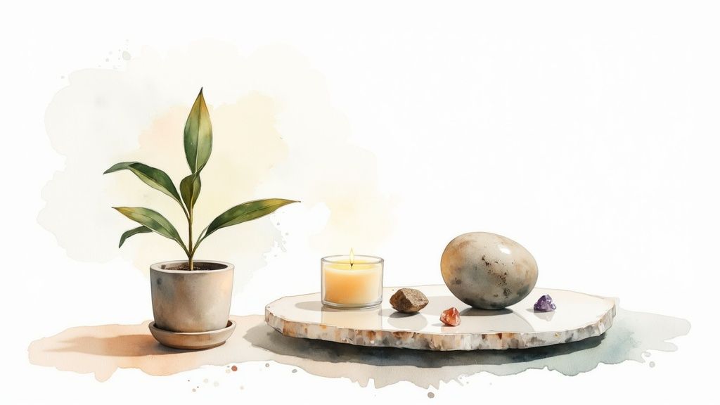 A watercolor illustration of a potted plant, lit candle, an egg stone, and various crystals on a slab.