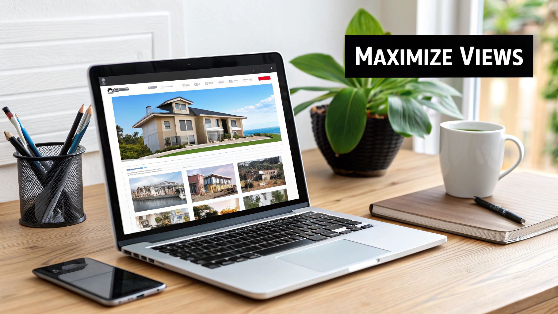 Laptop displaying a real estate website with houses and 'MAXIMIZE VIEWS' text on a wooden desk.