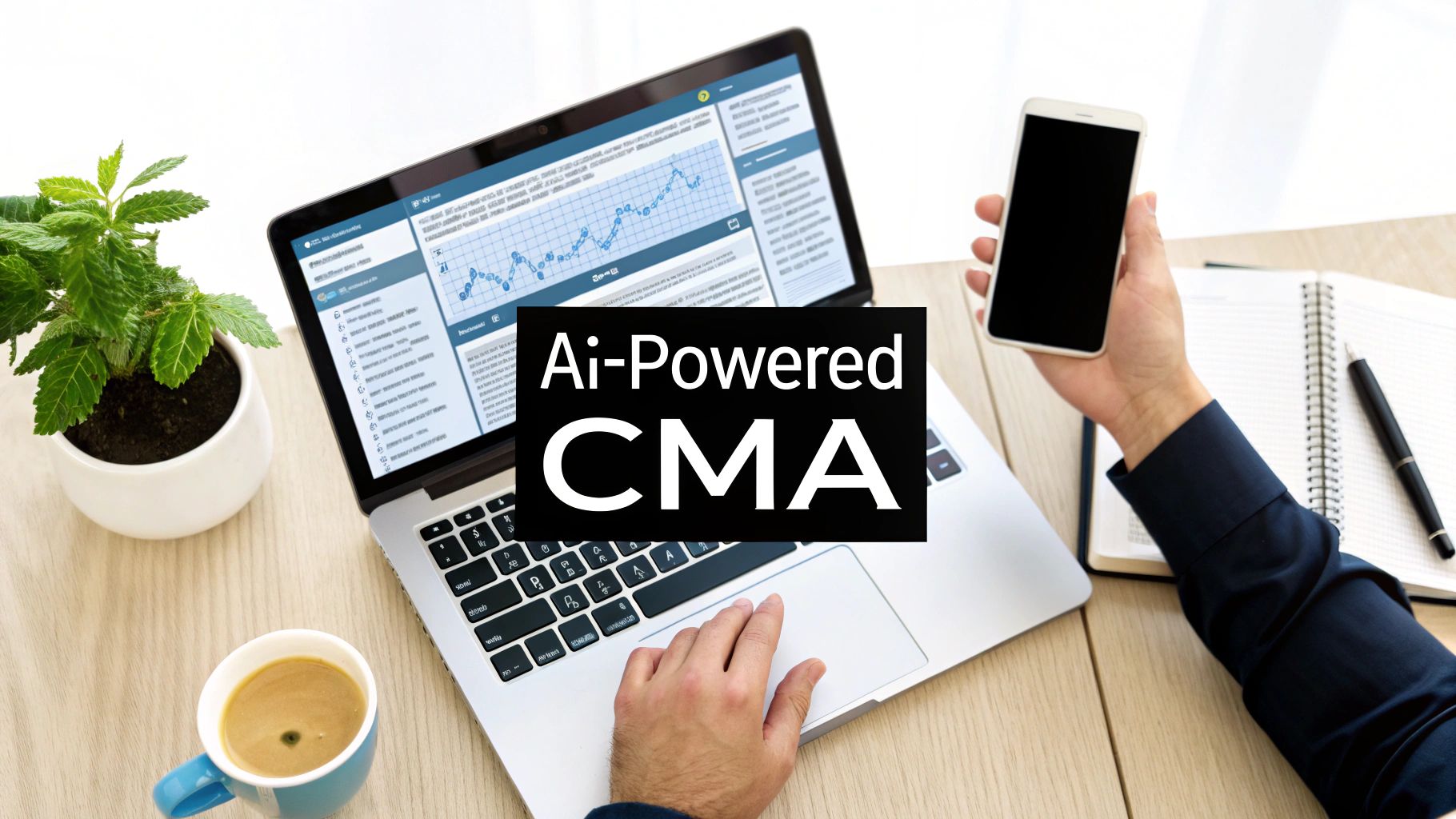 Overhead view of a person using a laptop displaying charts and holding a smartphone, with 'Ai-Powered CMA' text overlay.