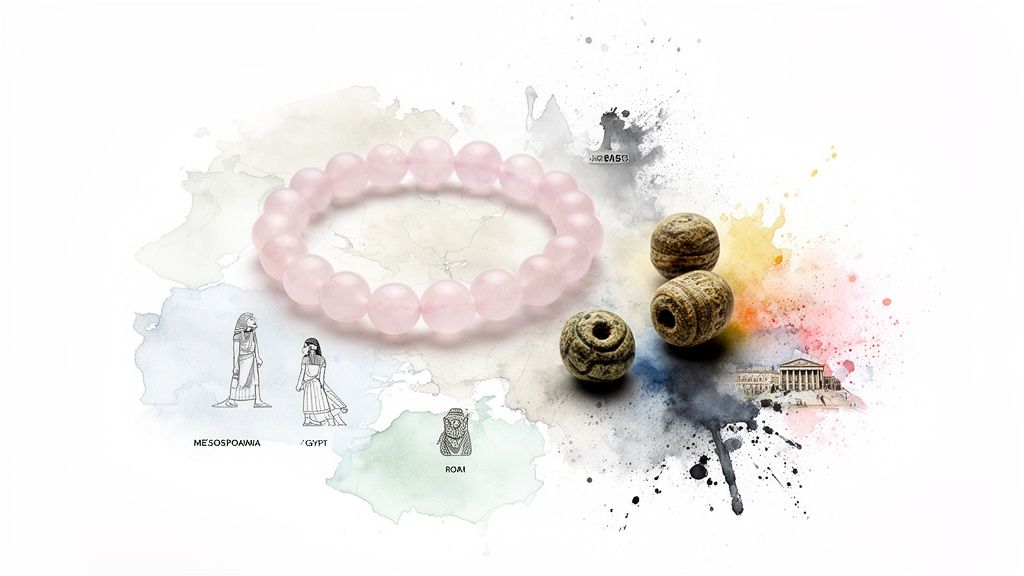 A rose quartz bracelet and three ancient beads on a watercolor background with historical references.