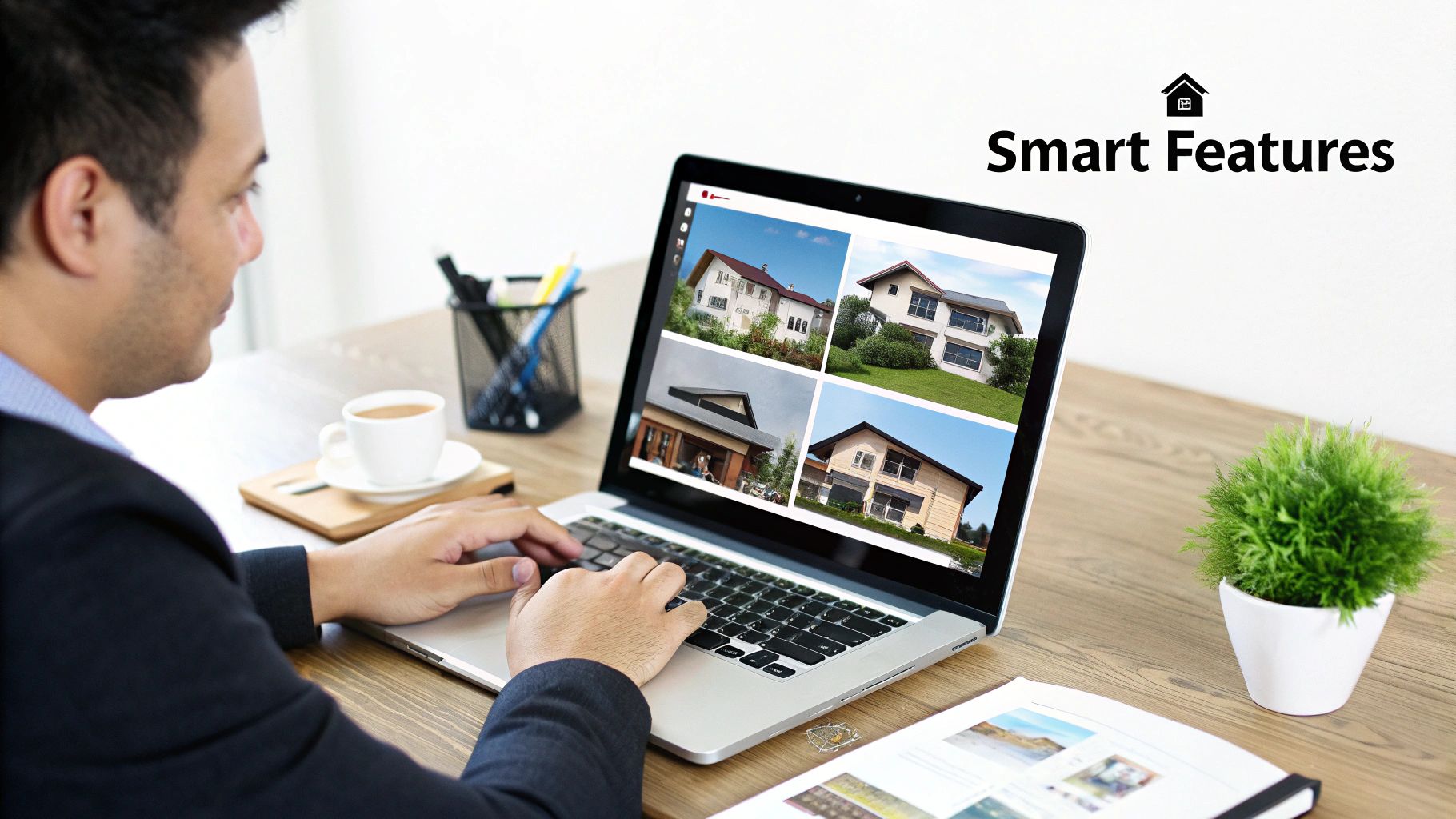 A man uses a laptop displaying four different residential property listings on screen, with smart features.