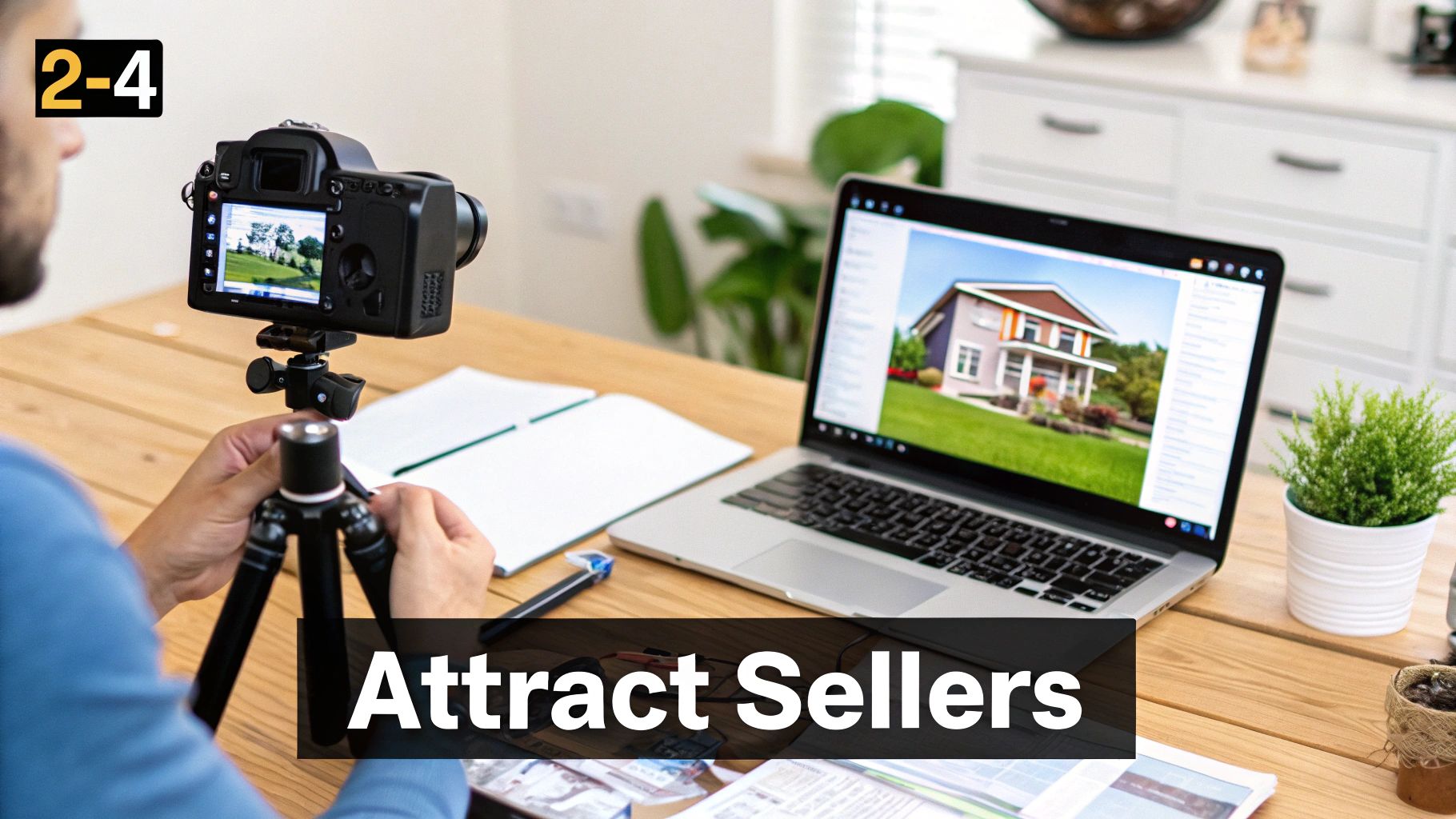 A person sets up a camera on a tripod next to a laptop displaying a house image.