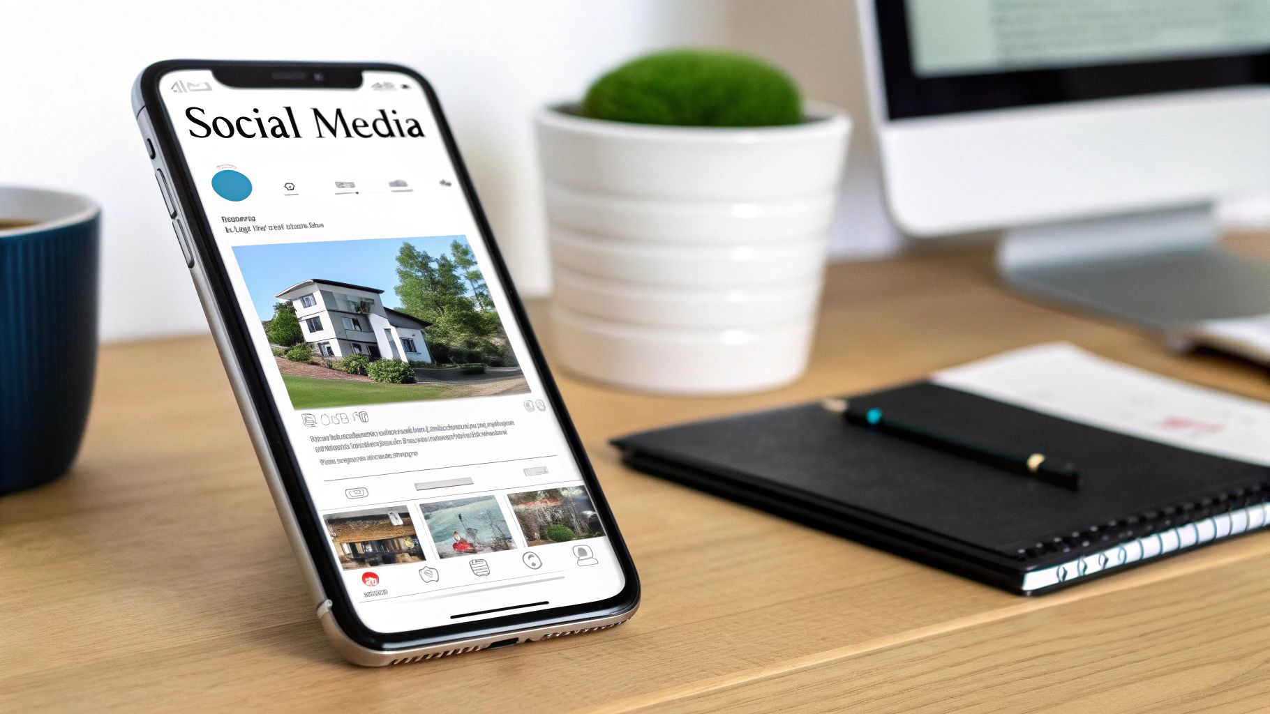 Smartphone showing a social media feed with a modern house listing, representing real estate marketing.
