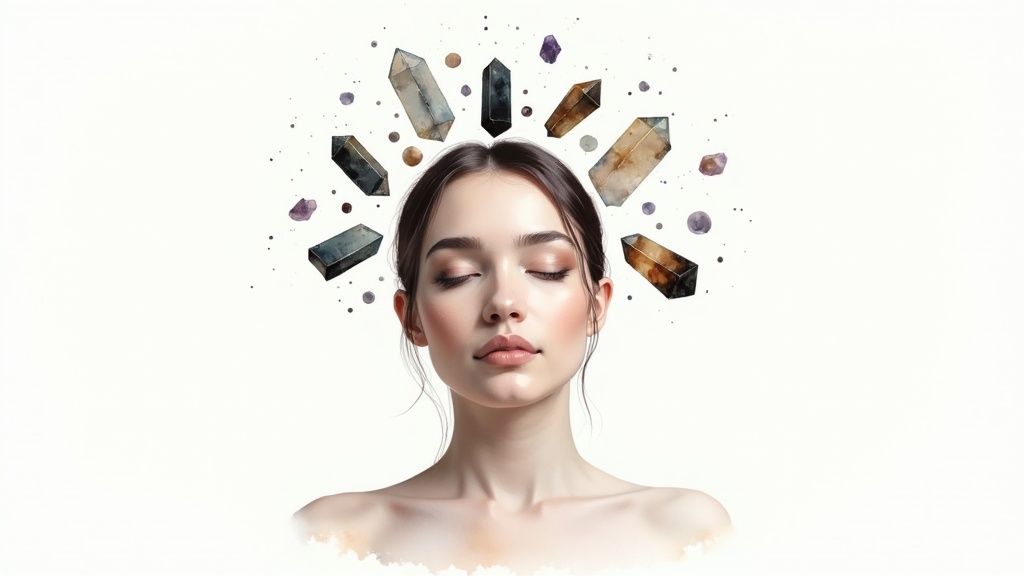 Woman with closed eyes surrounded by floating protective crystals and gemstones halo