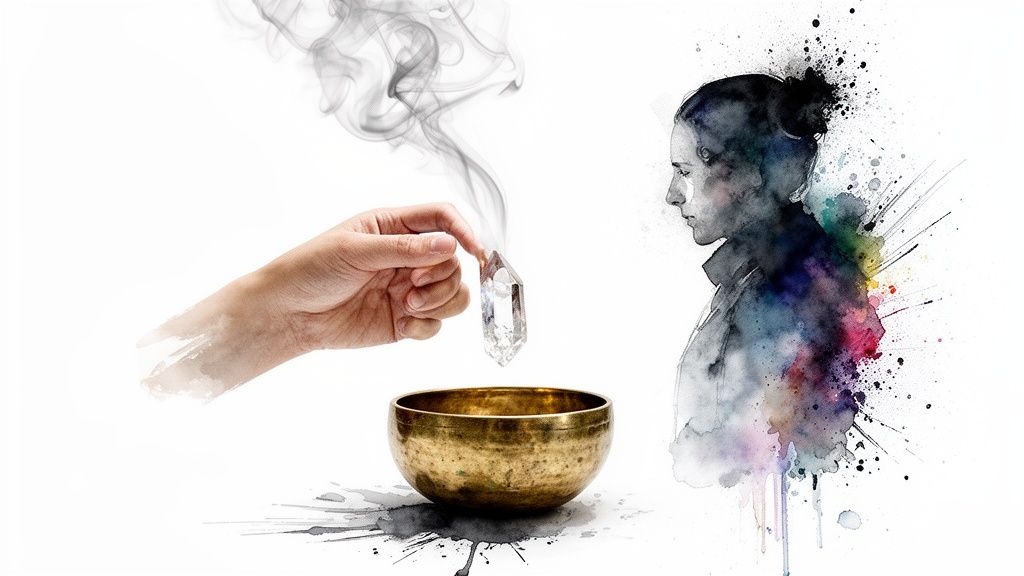 A hand holds a clear crystal with smoke over a brass singing bowl, beside a watercolor woman's profile.