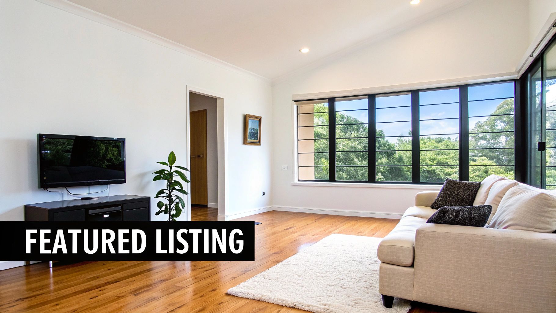 A bright, modern living room with a large window, a beige sofa, wooden floors, and a television.