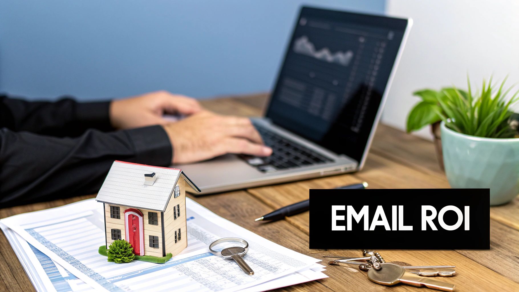 A real estate agent working on an email marketing campaign on a laptop.