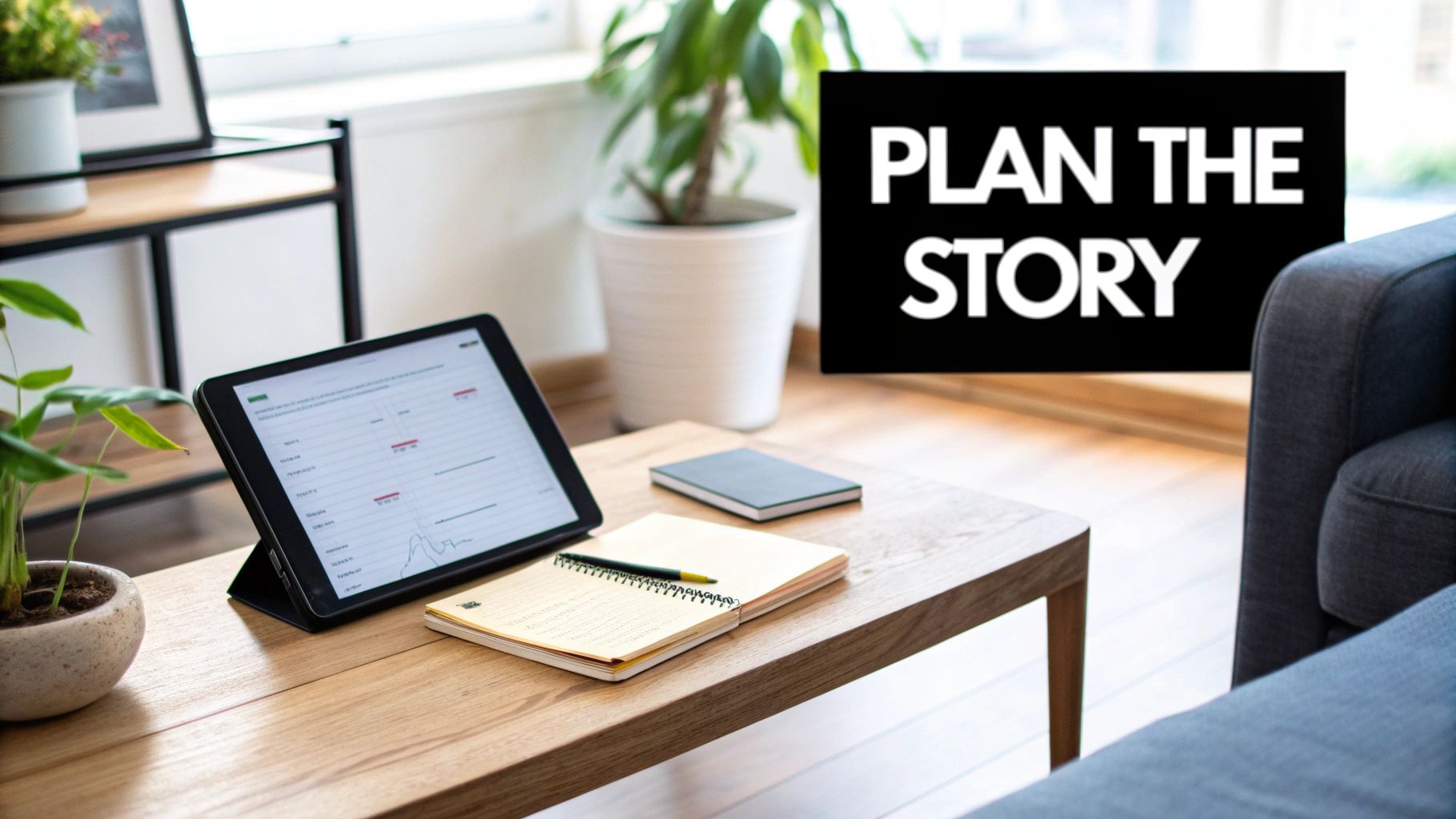 A coffee table with a tablet, notebook, and plant, featuring a 'PLAN THE STORY' sign.