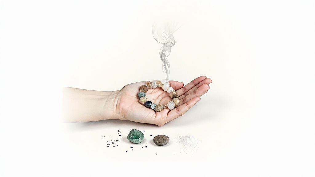 A hand gently holds a multicolored crystal bracelet, with smoke rising, implying a cleansing ritual.