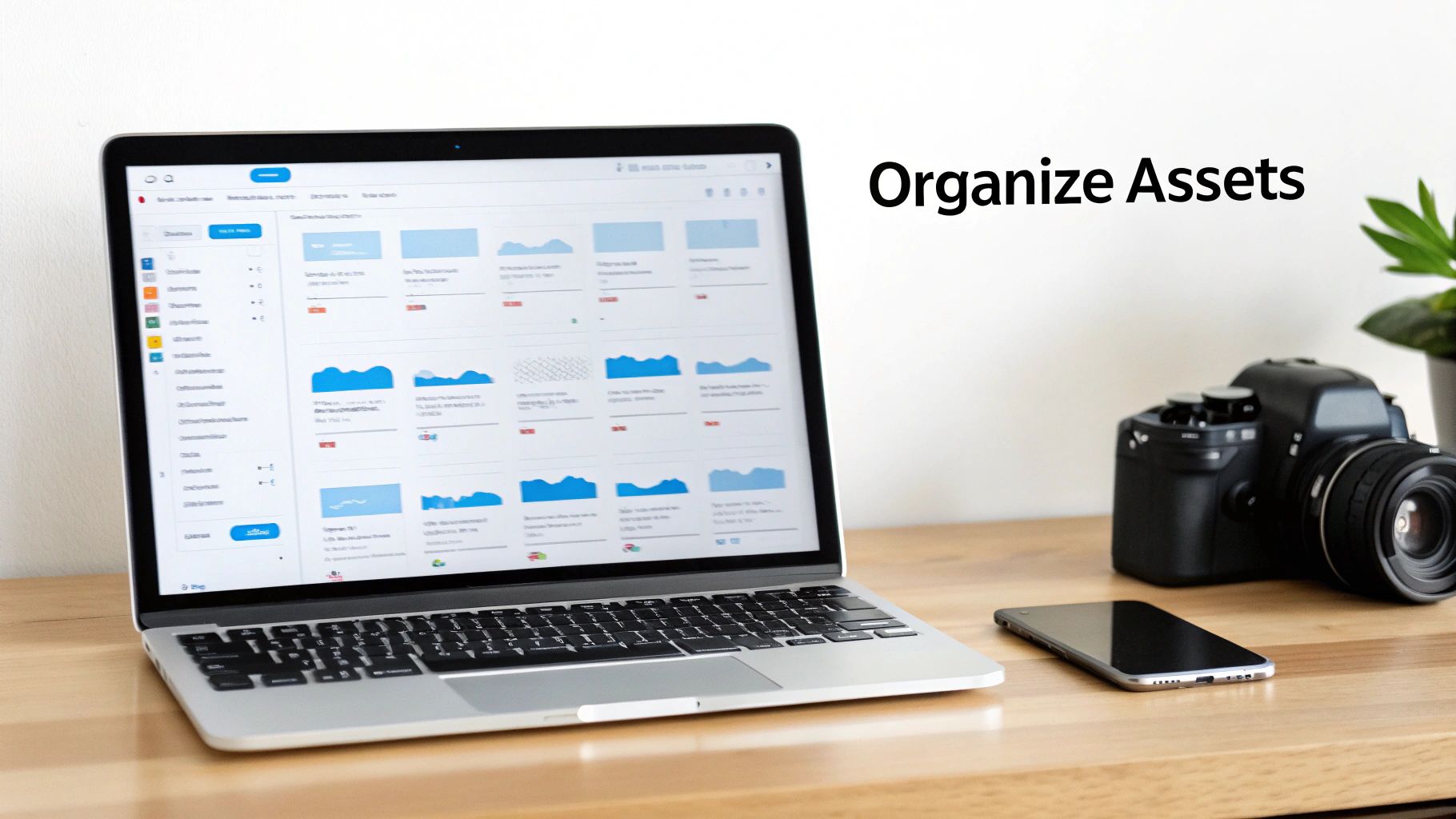 Laptop displaying digital asset management interface, with a camera and phone on a wooden desk.