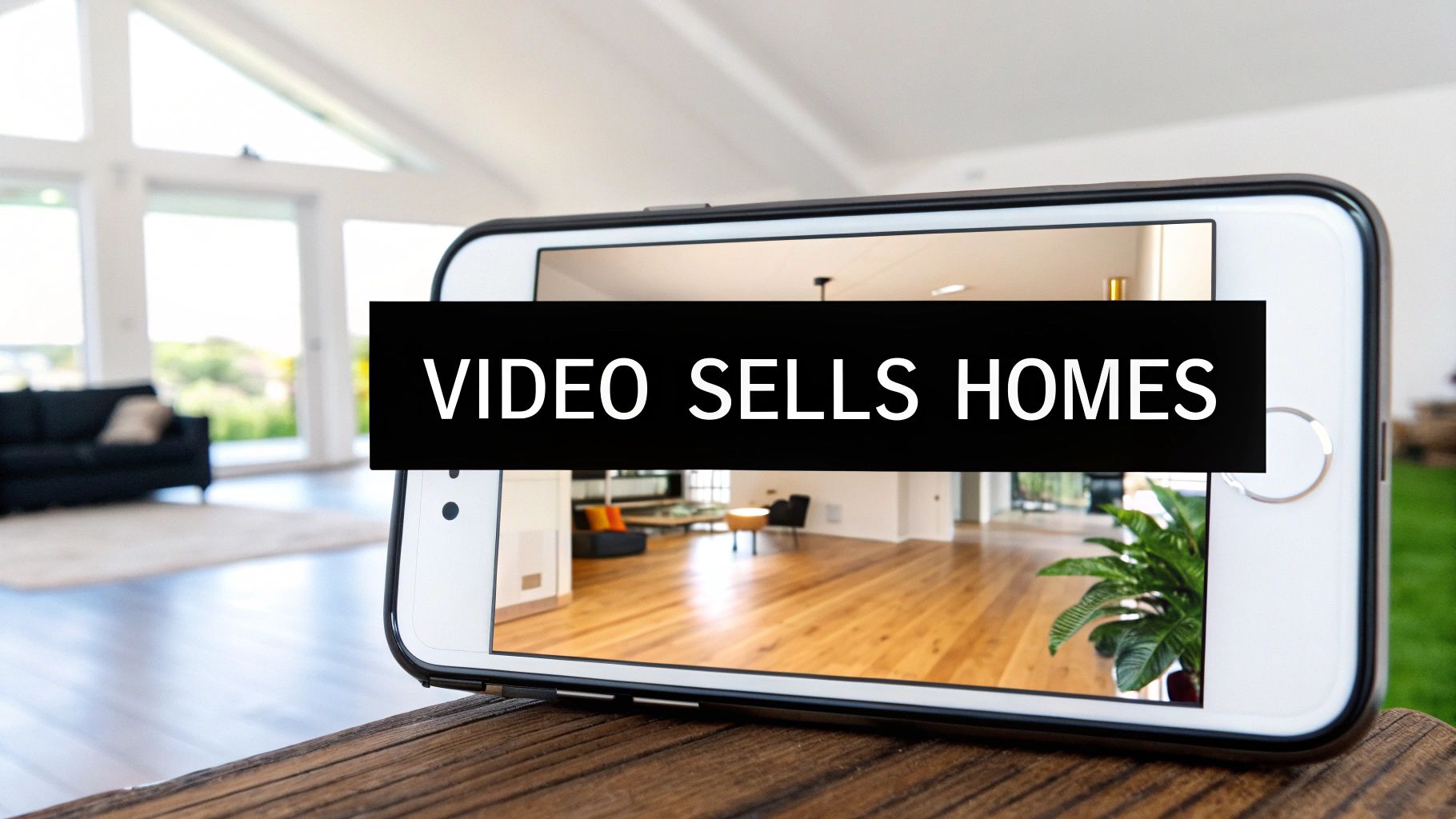 Smartphone displaying a modern house interior with 'VIDEO SELLS HOMES' text, promoting real estate video marketing.