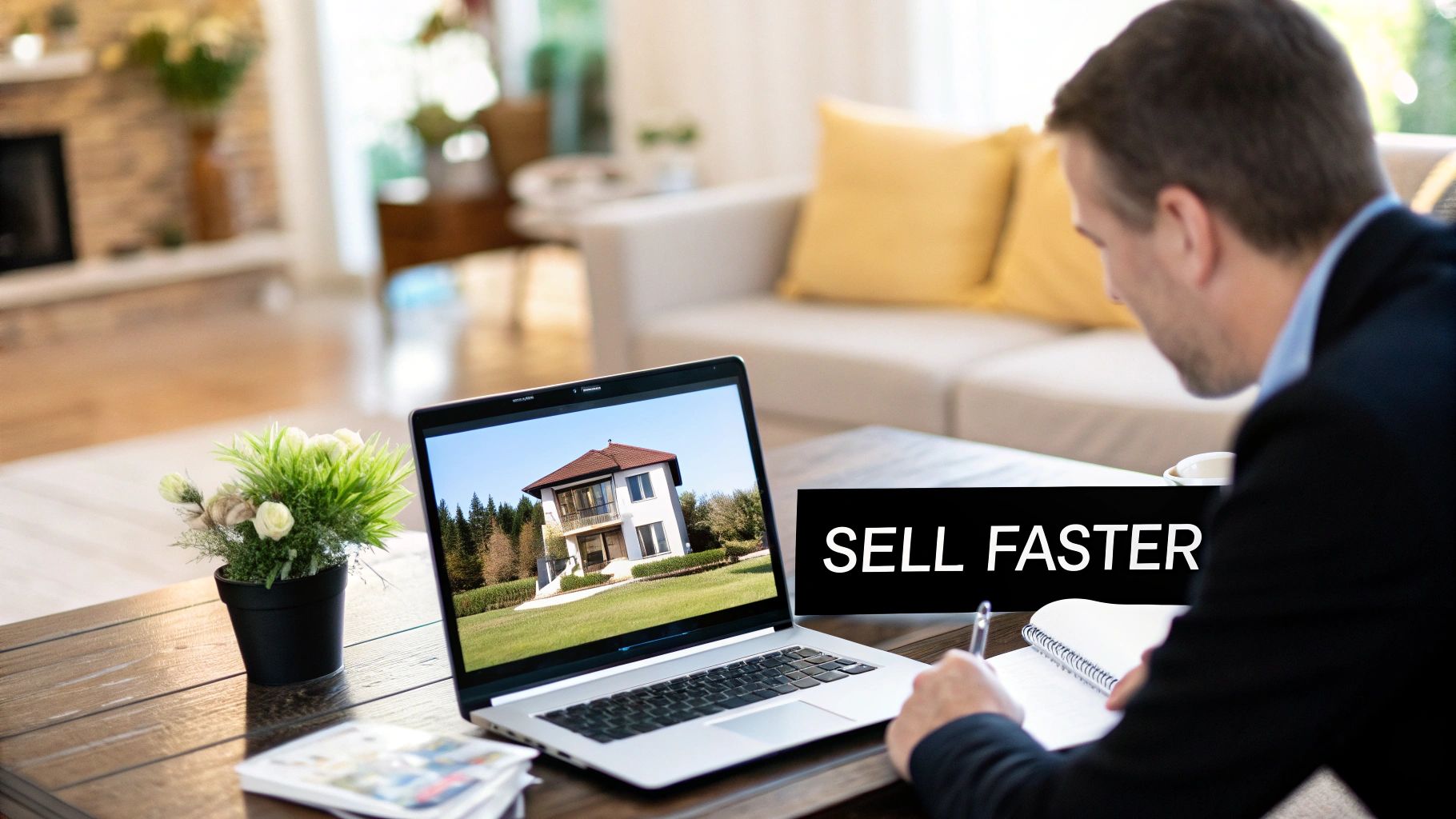 A real estate video editor reviewing footage of a modern home on a large computer screen.