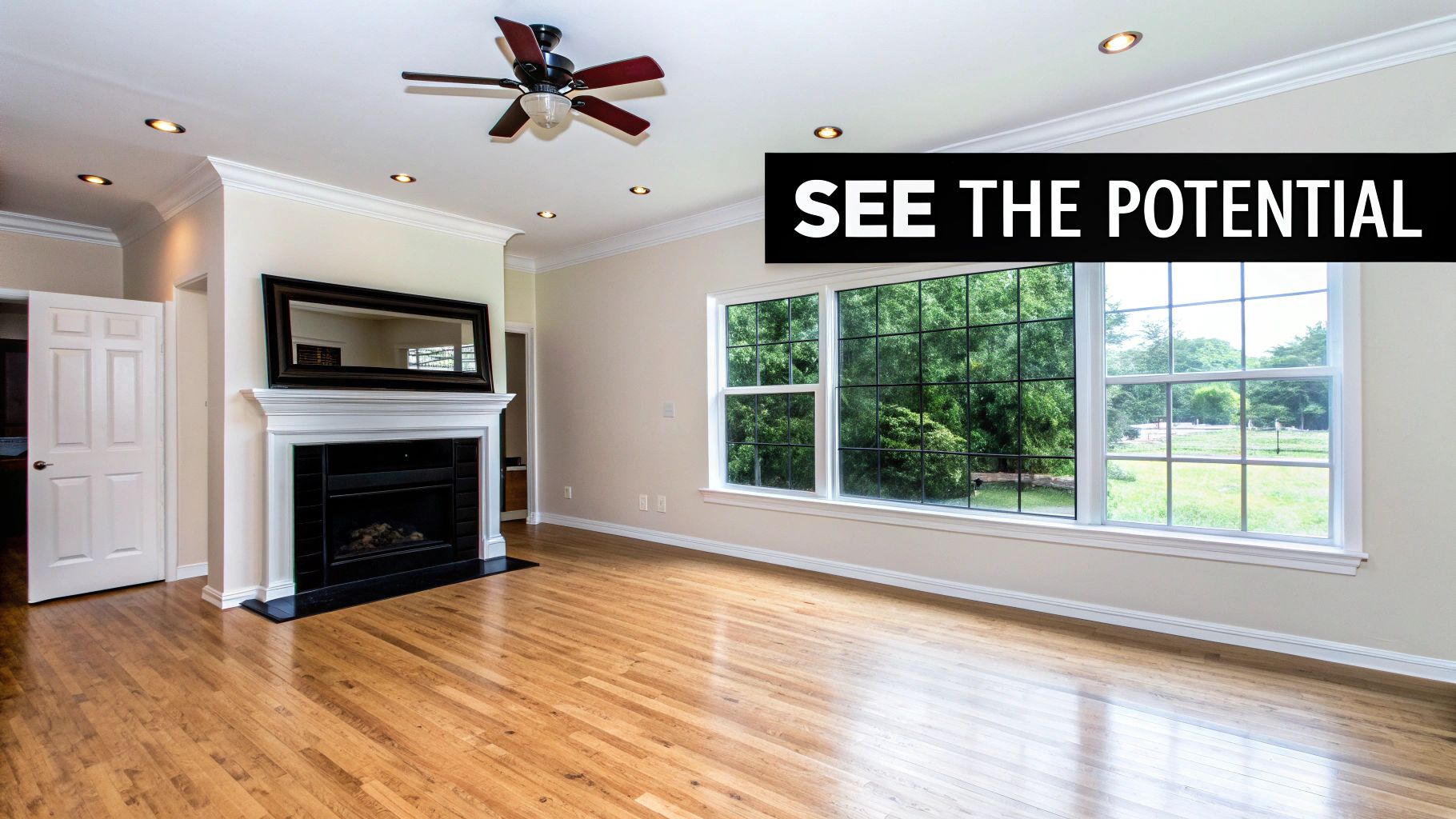 Bright, empty room with wood floors, a white fireplace, mirror, and large window overlooking trees.