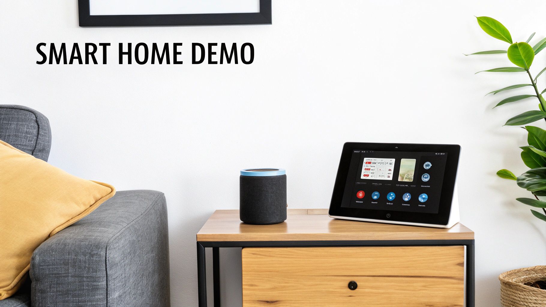 A smart home demo setup featuring a tablet displaying controls, a smart speaker, a sofa, and a plant.