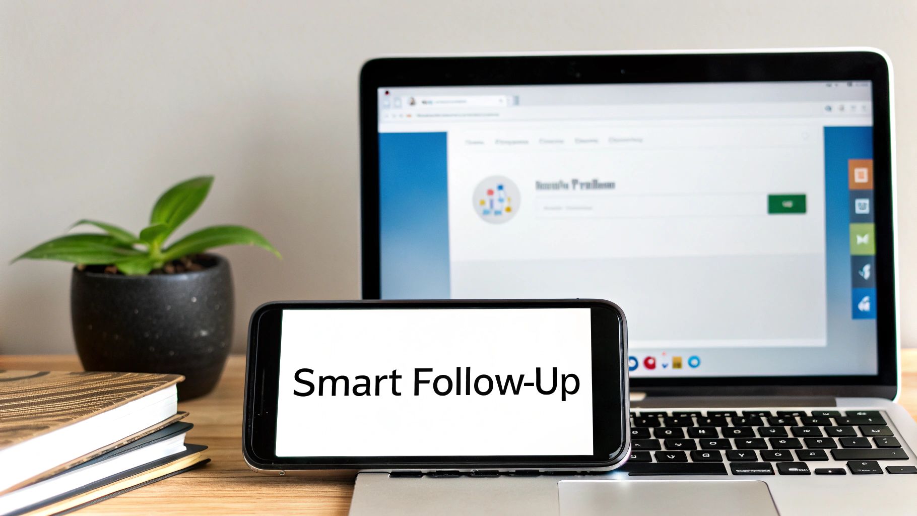 Office desk featuring a laptop, a phone with 'Smart Follow-Up' text, books, and a houseplant.