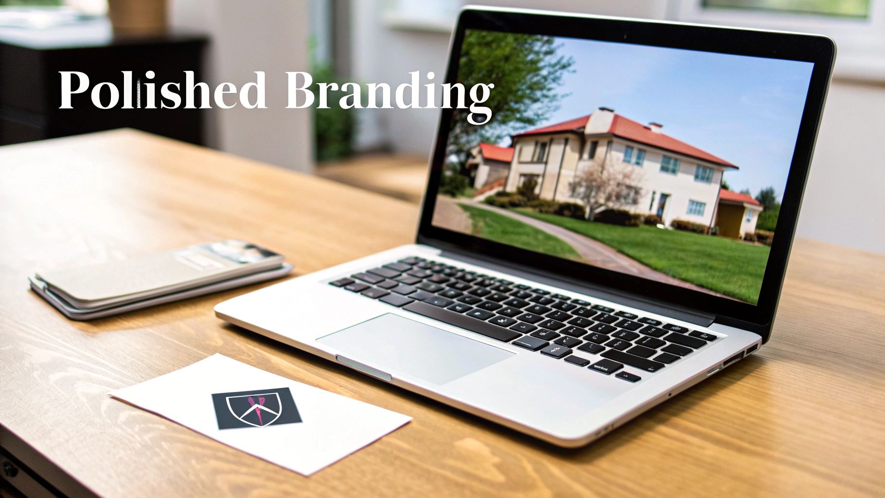 A wooden desk with a laptop displaying a house, next to a logo card, representing polished branding.