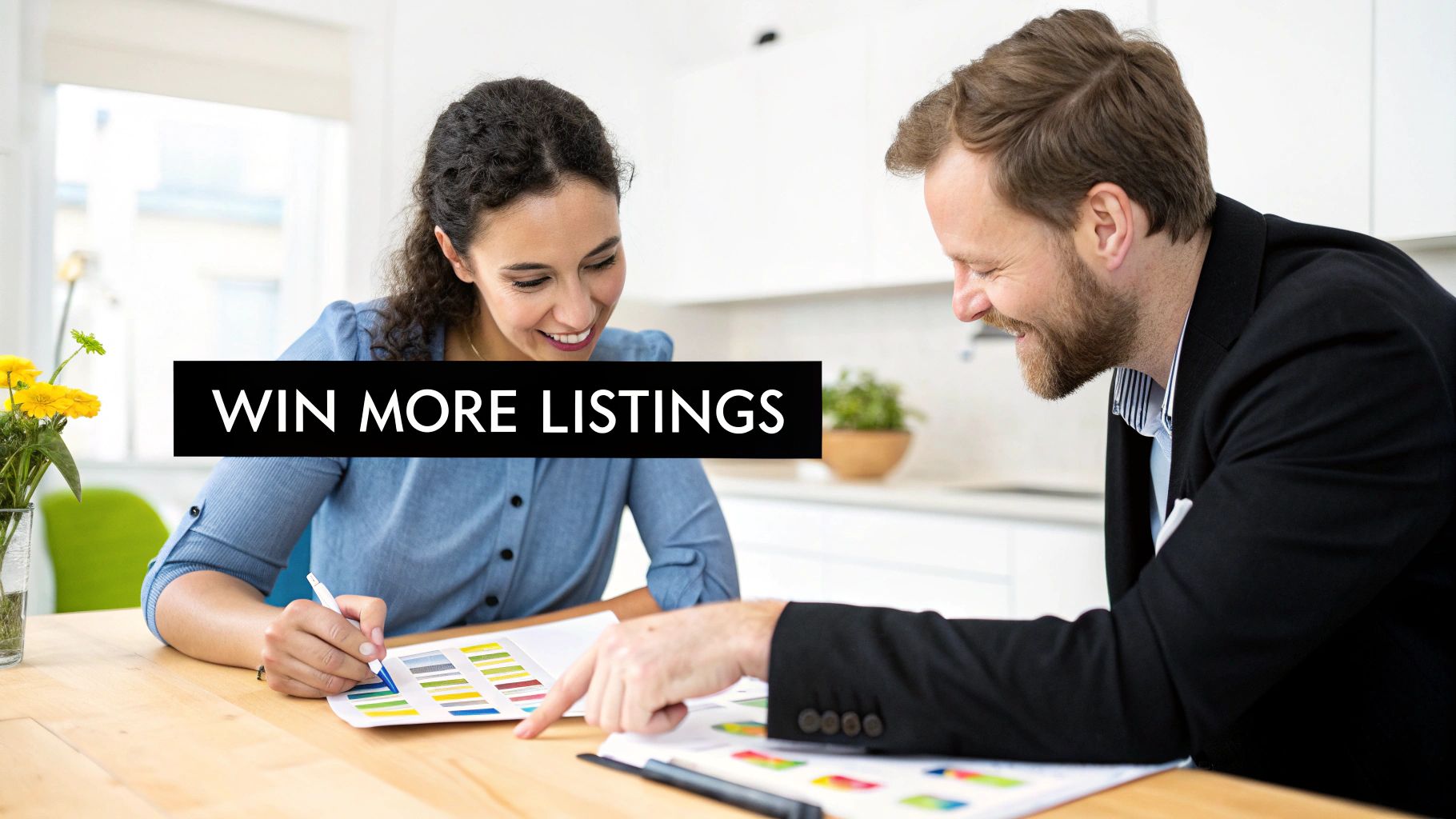 Two smiling real estate agents reviewing colorful documents and charts, discussing how to win more listings.