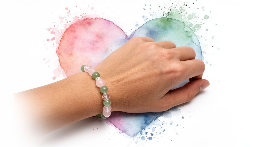 Close-up of a hand wearing a rose quartz and aventurine crystal bracelet over a watercolor heart.