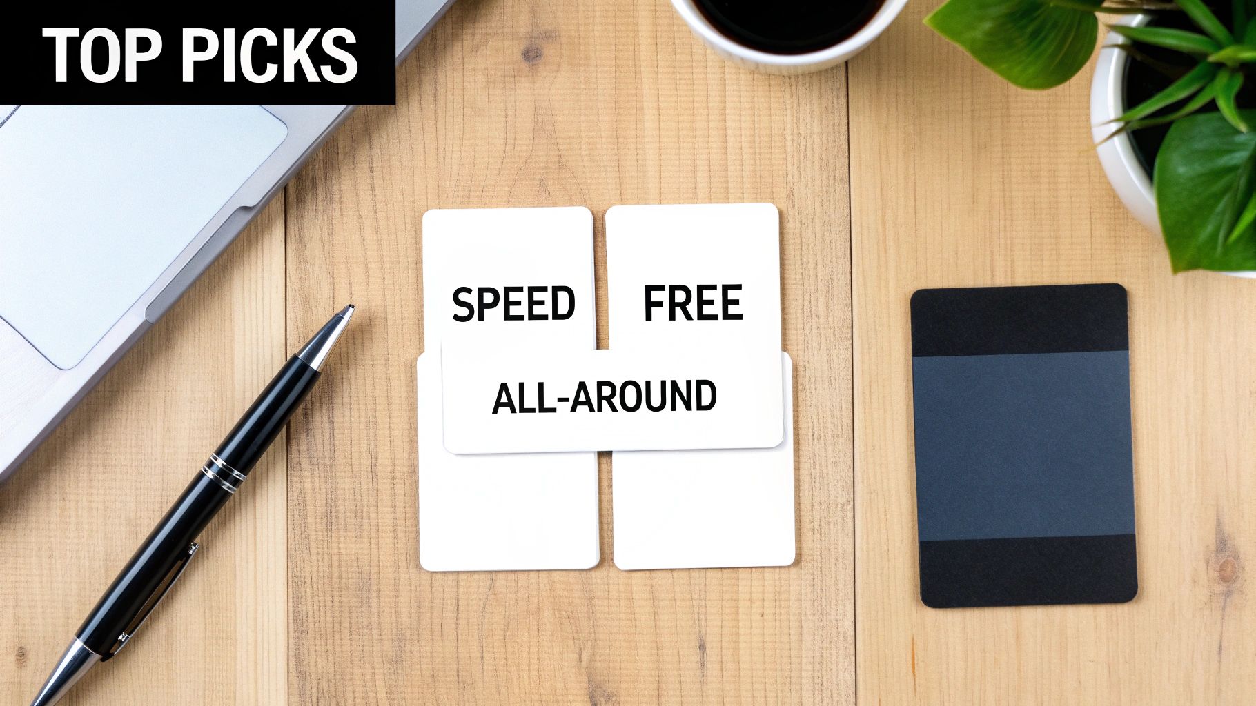 Top picks for video editing software categories: speed, free, and all-around options on a wooden desk.