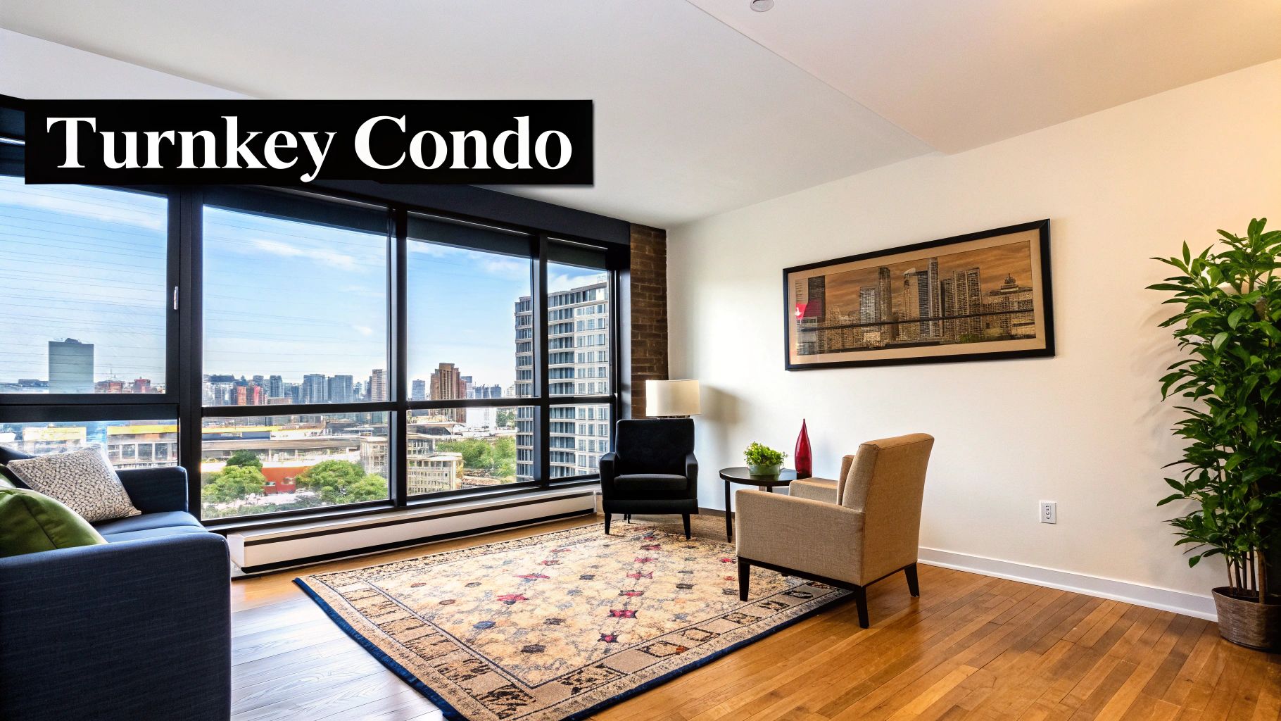 Modern turnkey condo living room with large windows, hardwood floors, and city skyline view