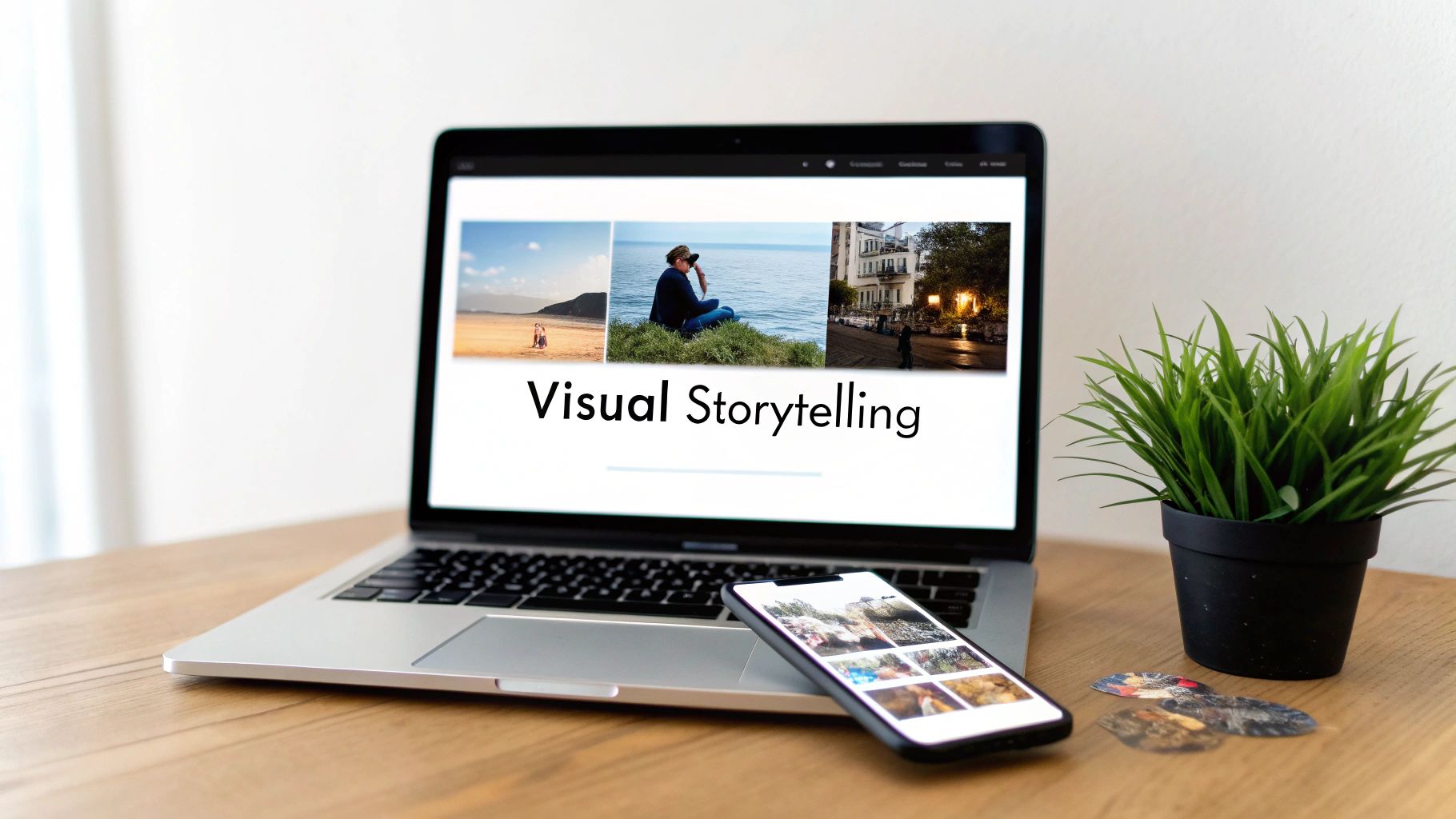 A laptop displaying 'Visual Storytelling' with photos, a smartphone, and a plant on a wooden desk.