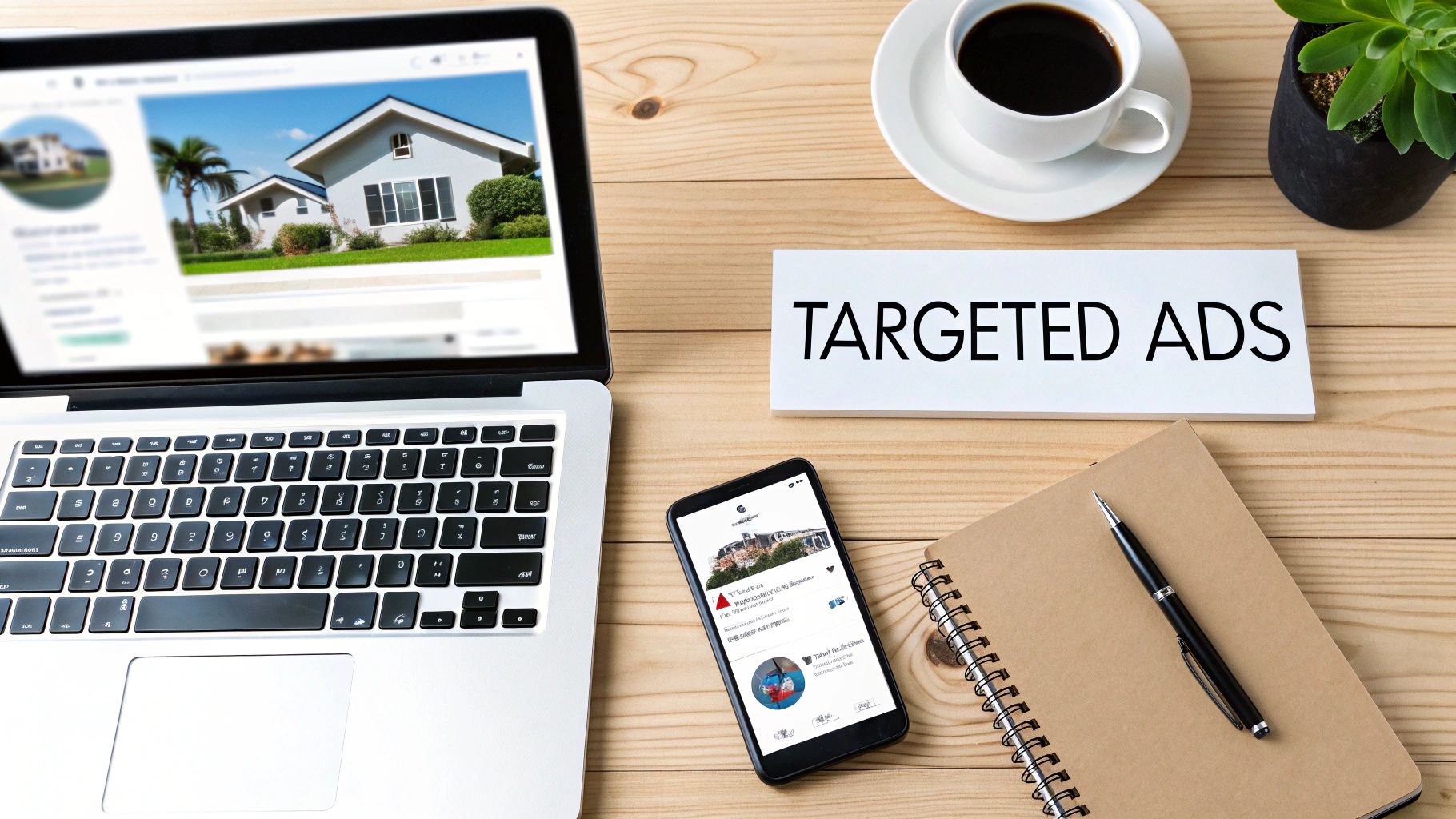 Overhead view of a desk with a laptop, smartphone, coffee, and a card reading 'TARGETED ADS'.