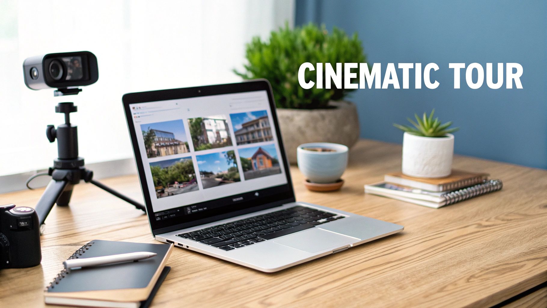 A modern workspace with a laptop showcasing real estate properties, a camera, notebooks, and plants for a cinematic tour.