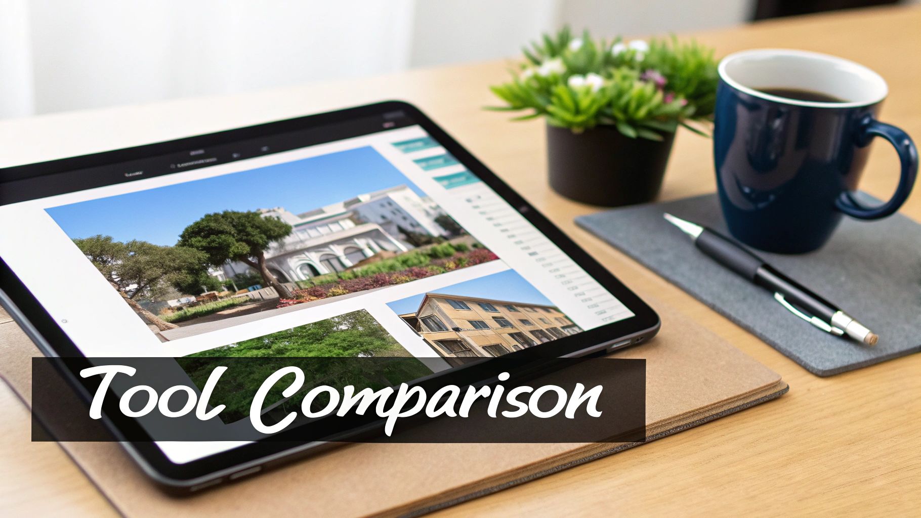 A tablet on a wooden desk displaying images, accompanied by a plant, coffee mug, and pen, with a 'Tool Comparison' text overlay.