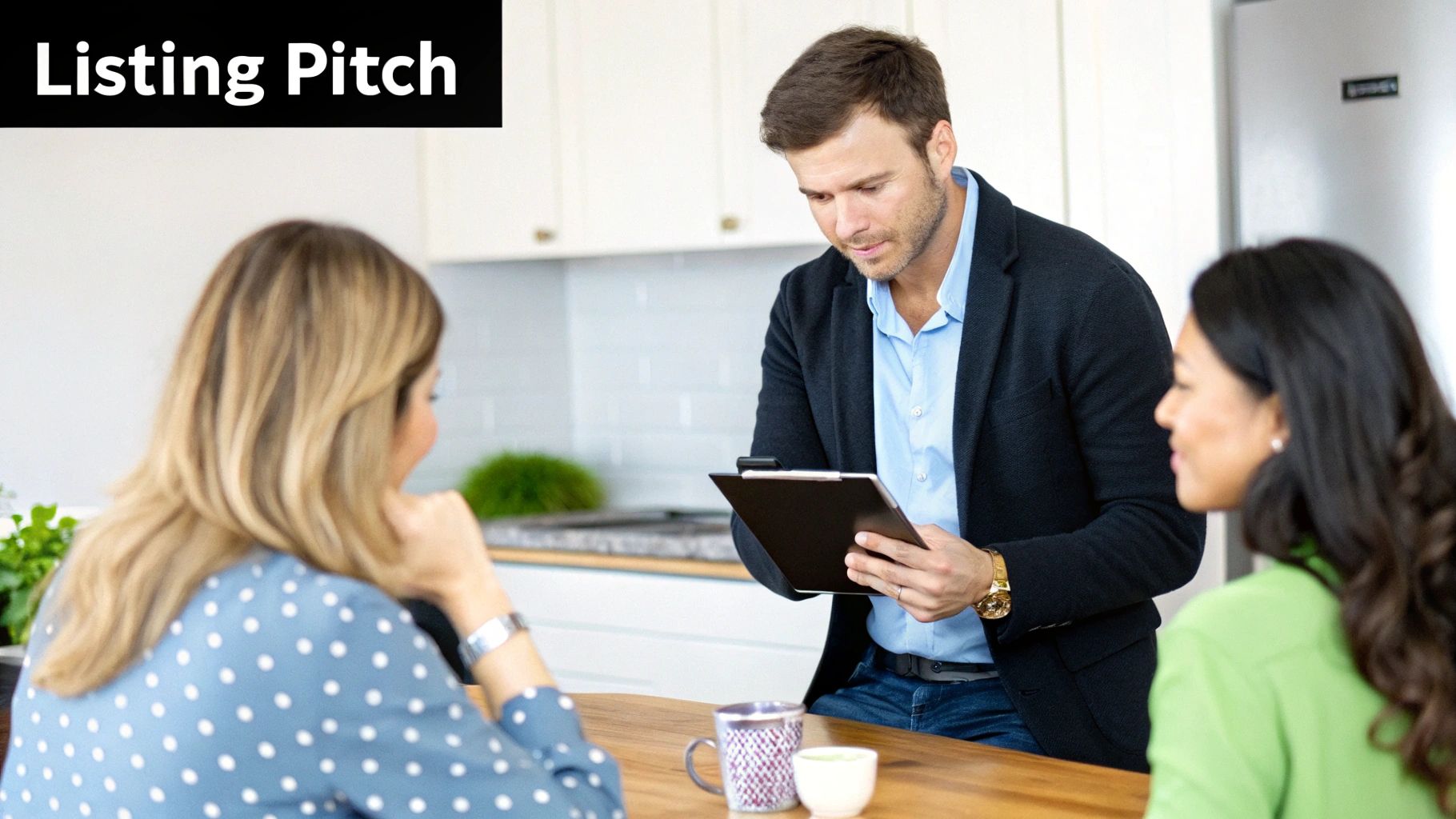 A real estate agent presents a listing pitch to two potential clients in a home setting.