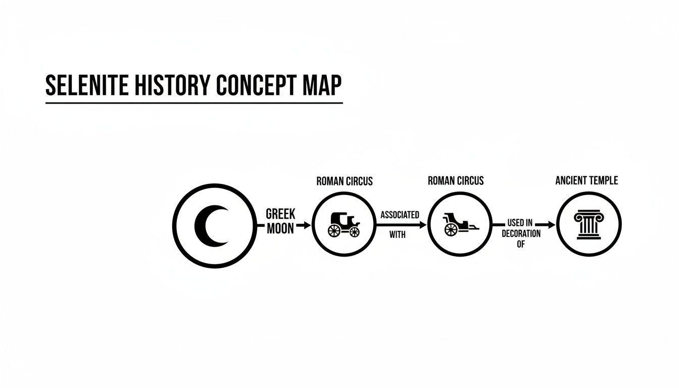 Selenite history concept map showing connections from Greek moon to Roman circus and ancient temple decoration.