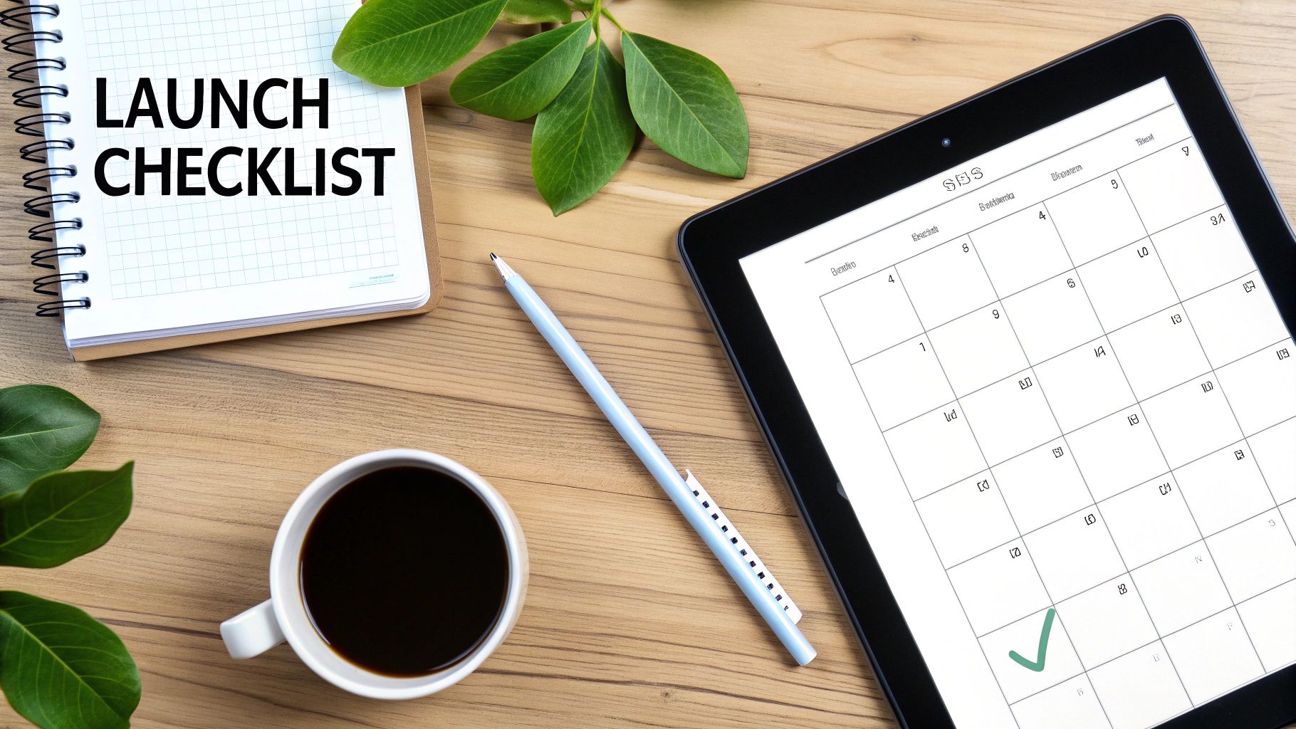 Flat lay of a launch checklist notebook, calendar on a tablet, coffee, and pen on a wooden desk.