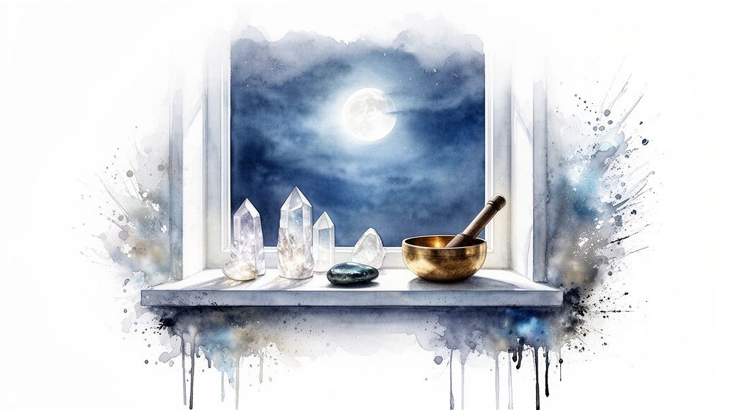 Watercolor painting of healing crystals and a singing bowl on a windowsill under a full moon.