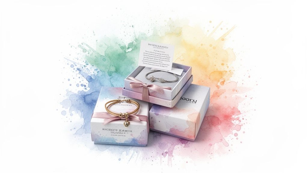 Two beautiful bracelets displayed in ribbon-tied gift boxes on a colorful, artistic background.