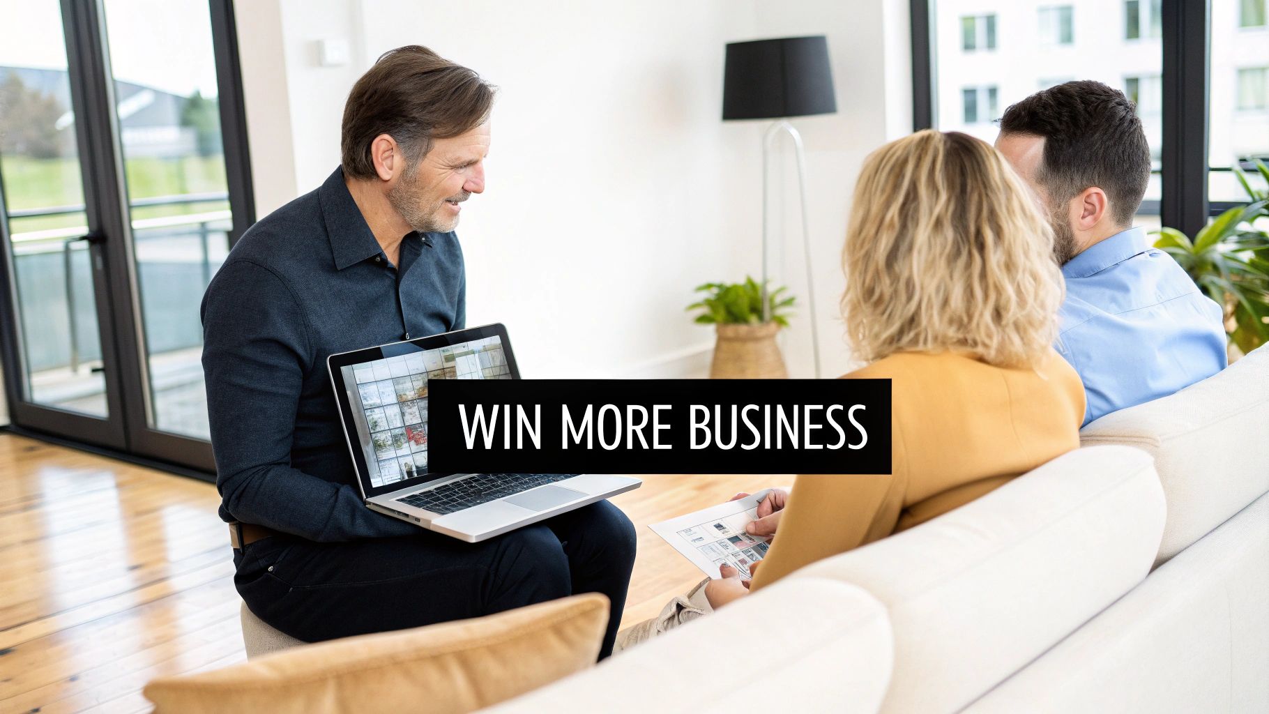 A male real estate agent presents property listings on a laptop to a couple sitting on a couch.