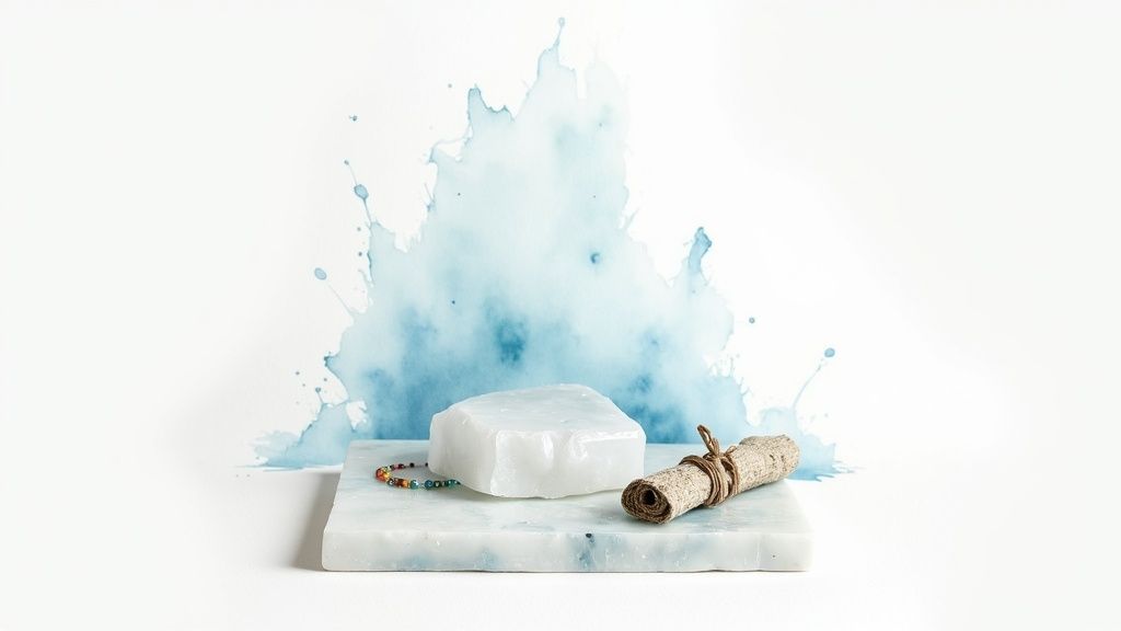 A person's hands holding a sage smudge stick over a collection of gemstone bracelets.