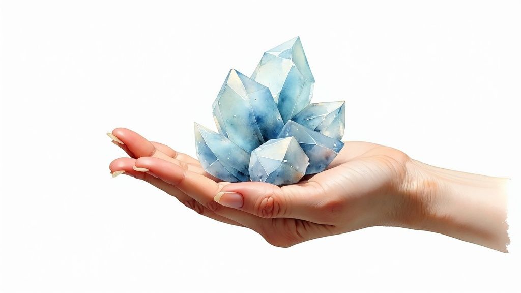 A hand gently holds a cluster of beautiful light blue, geometric crystals against a white background.