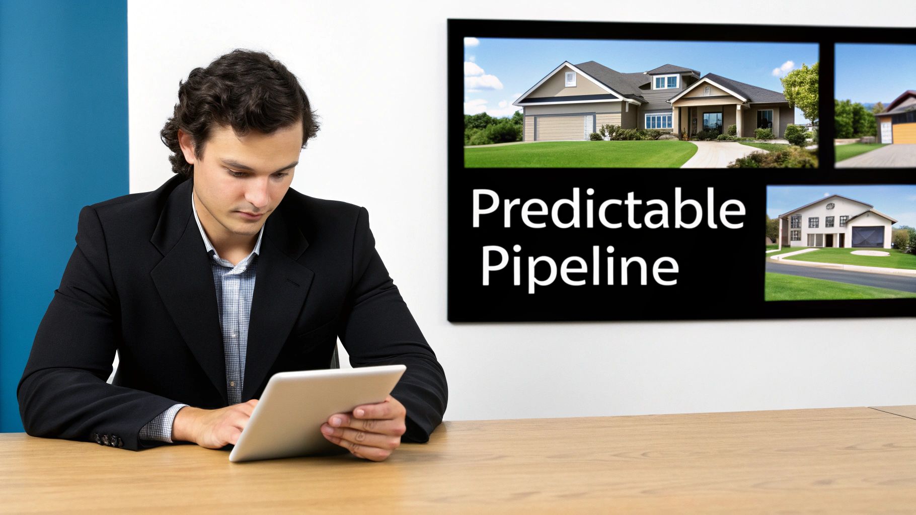 A man in a suit looks at a tablet while a screen displays 'Predictable Pipeline' and real estate images.