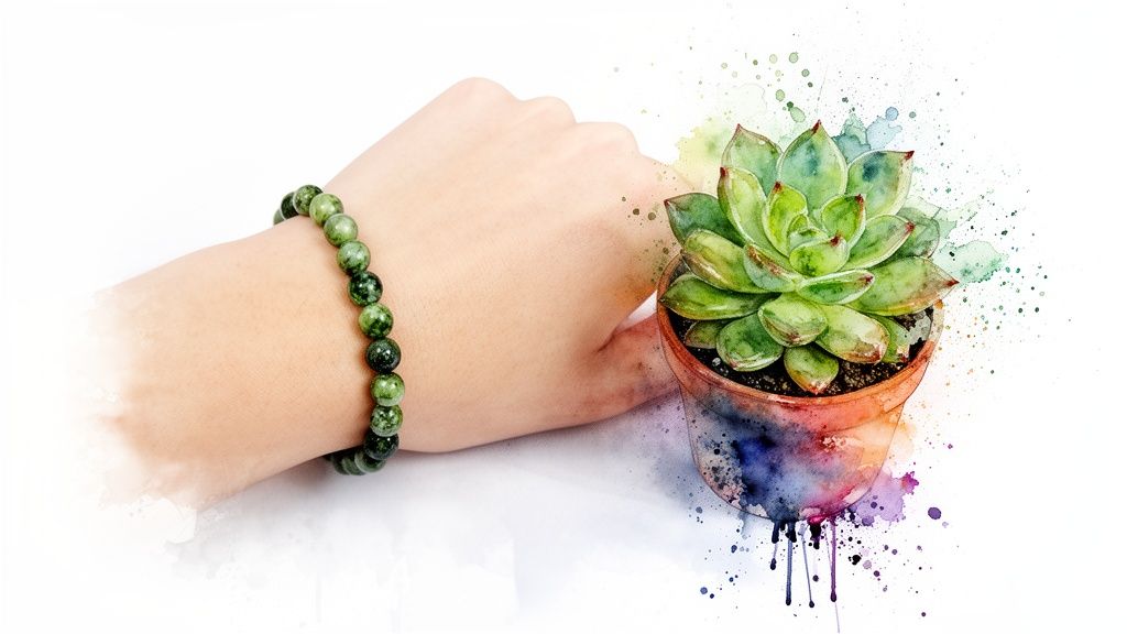 A hand wearing a green moss agate beaded bracelet next to a colorful watercolor succulent plant.