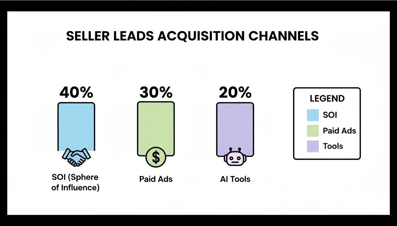 Bar chart illustrating seller leads acquisition channels: SOI (40%), Paid Ads (30%), AI Tools (20%).