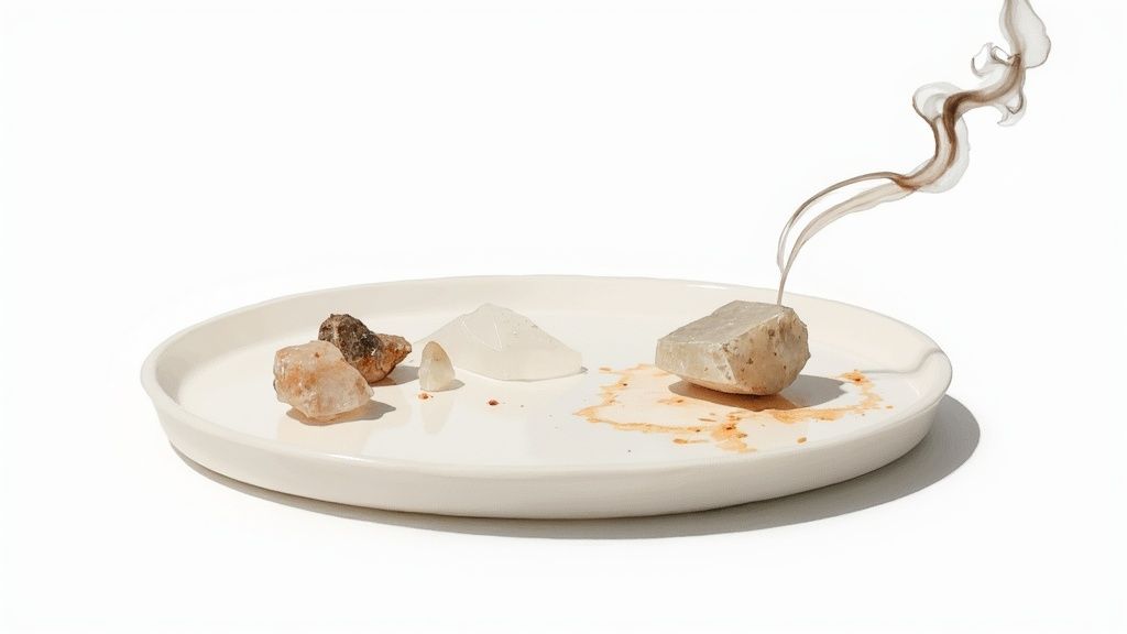 White ceramic plate with healing crystals and incense smoke rising for meditation practice