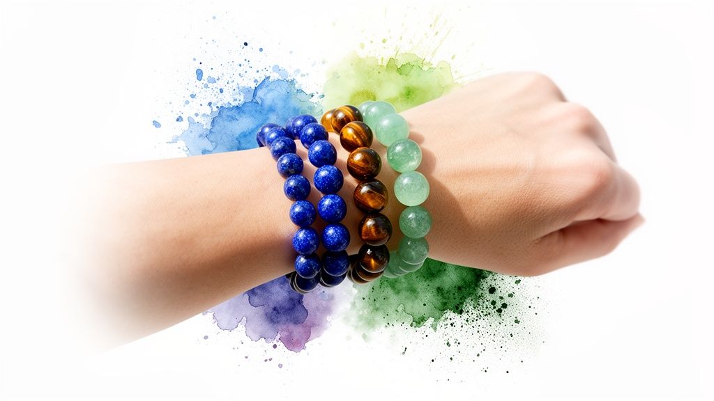 A person's arm wearing three beaded bracelets: blue, tiger's eye, and green stones, with watercolor splashes.