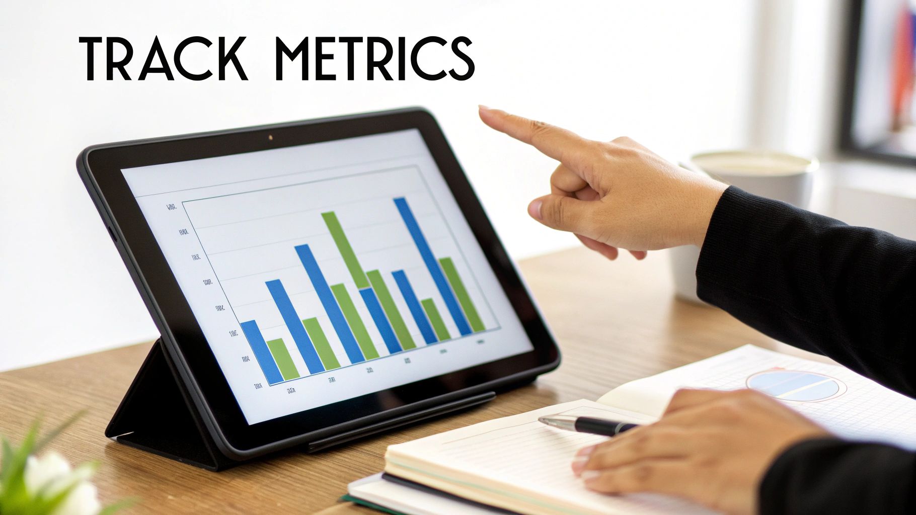 A person's hand points to a tablet displaying a bar chart, while another hand writes in a notebook.