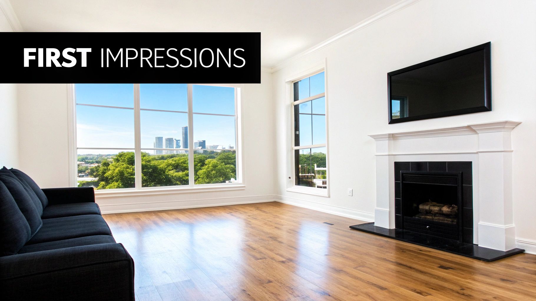 A bright, modern living room featuring large windows with a city view, hardwood floors, and a black sofa.
