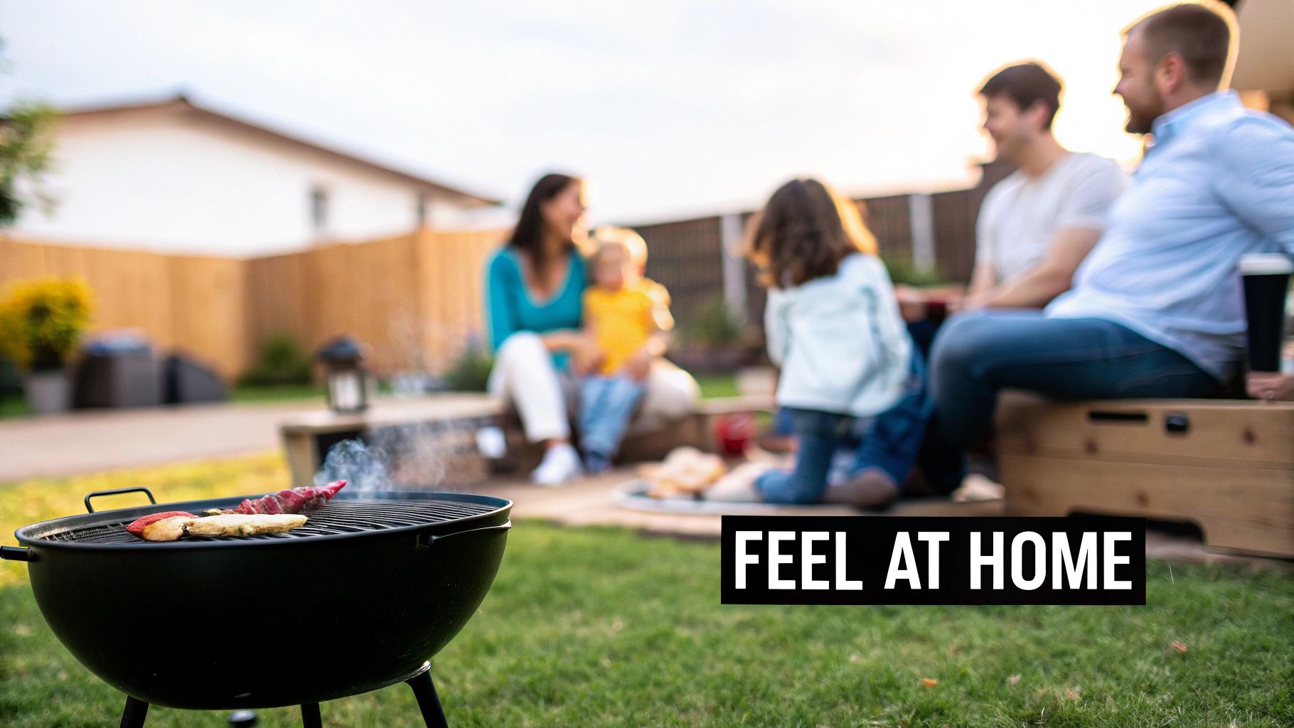 A backyard barbecue scene with people relaxing, food on a grill, and a 'FEEL AT HOME' message.