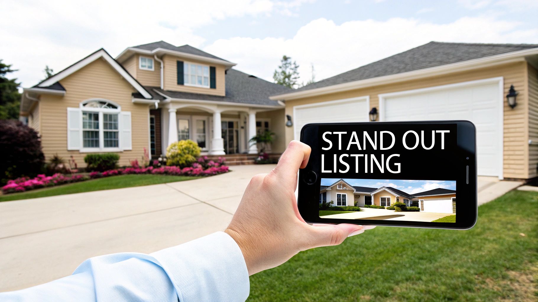 Smartphone displays a real estate listing of a house, enhancing its online presentation.