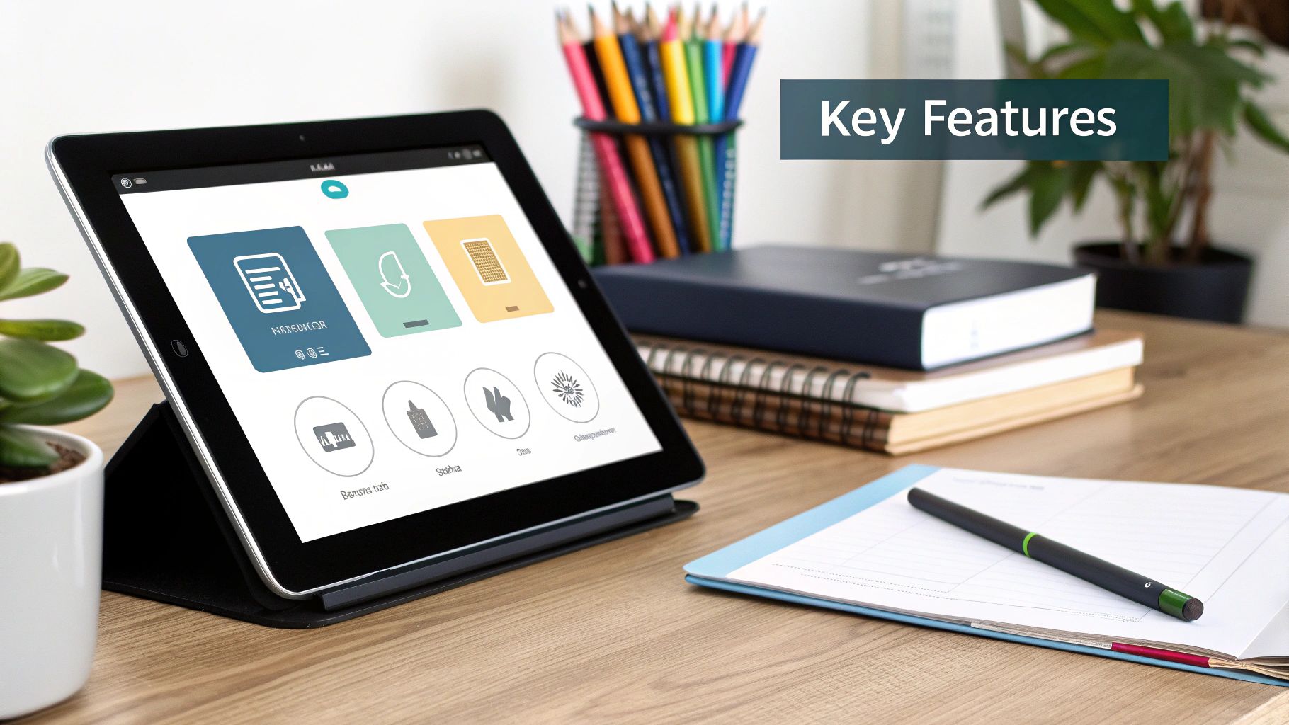 A modern tablet displaying app icons on a wooden office desk, surrounded by books, pencils, and a 'Key Features' text box.