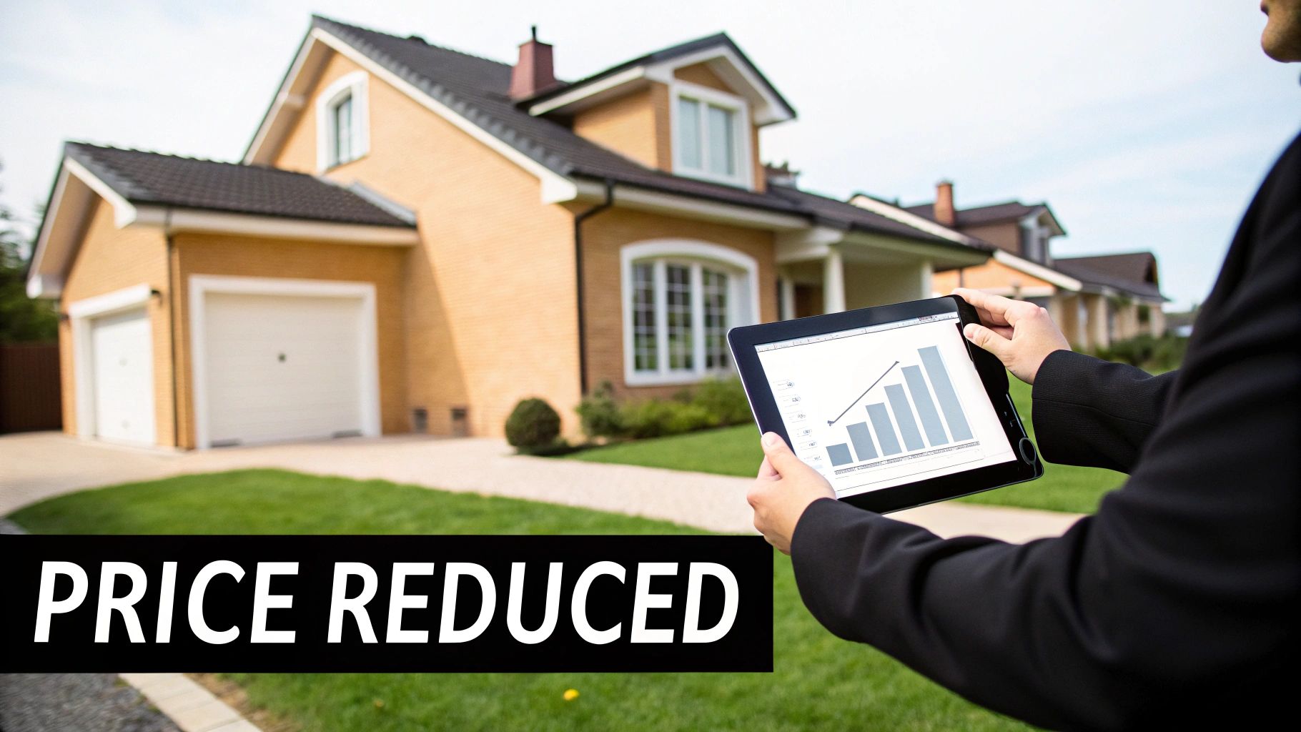 A real estate agent reviews a property's price reduction on a tablet in front of a house.