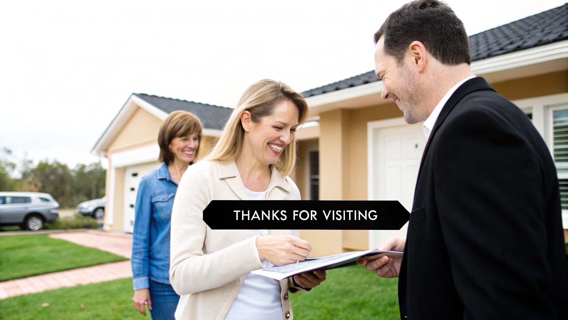 A real estate agent hands paperwork to a smiling woman outside a house, with another client nearby.