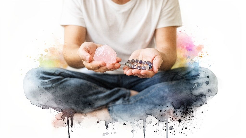 A person sits cross-legged, holding a pink crystal and a beaded bracelet, surrounded by watercolor splashes.
